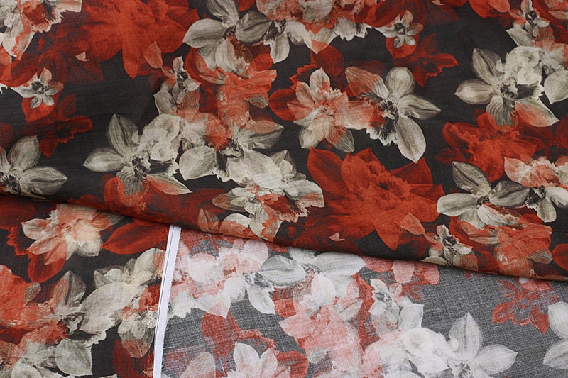 CHUHONG - Flowers Print Ramie Fabric - 140cm wide by the Yard
