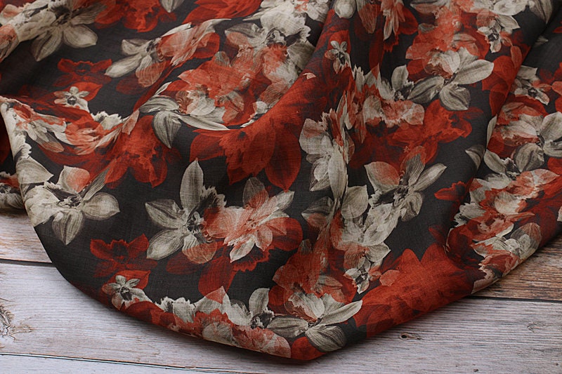 CHUHONG - Flowers Print Ramie Fabric - 140cm wide by the Yard