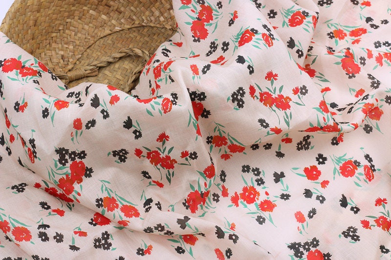 XIAOHONGHUA - Flowers Print Ramie Fabric - 140cm wide by the Yard