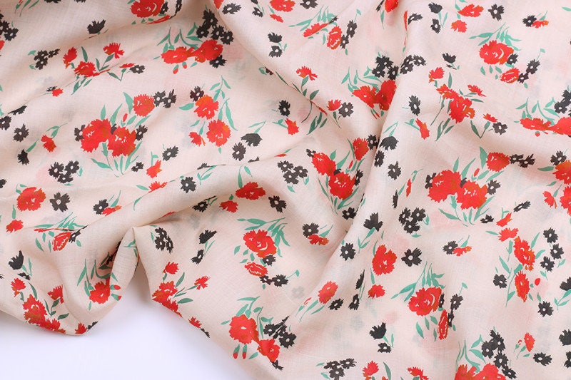 XIAOHONGHUA - Flowers Print Ramie Fabric - 140cm wide by the Yard