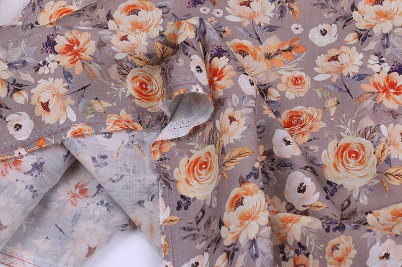 CHOUXIANG - Flowers Print Ramie Fabric - 140cm wide by the Yard