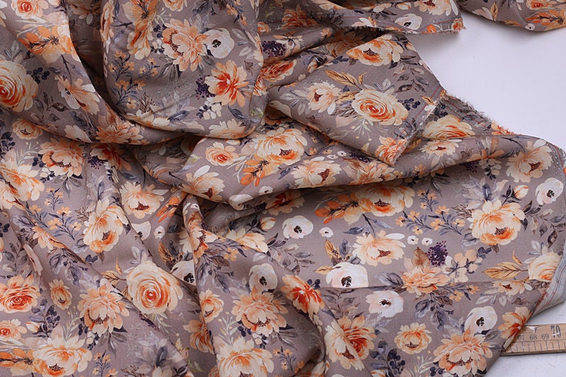 CHOUXIANG - Flowers Print Ramie Fabric - 140cm wide by the Yard