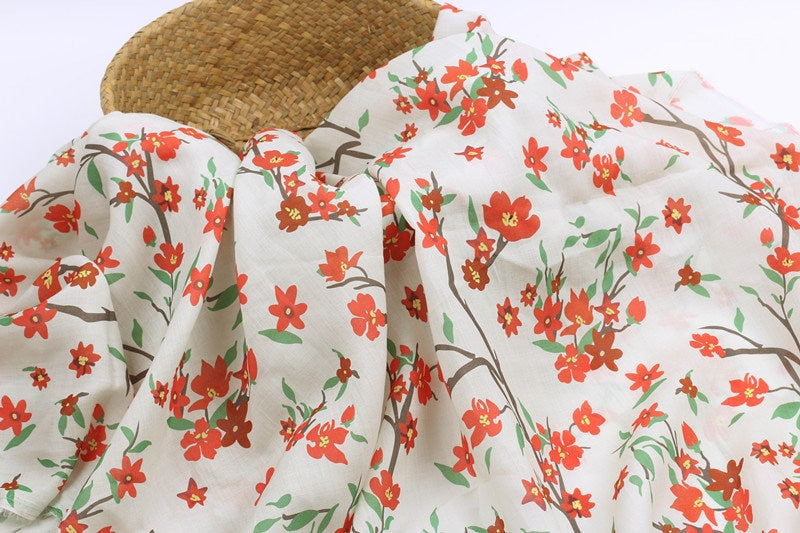 QINGSHUANG - Flowers Print Ramie Fabric - 140cm wide by the Yard