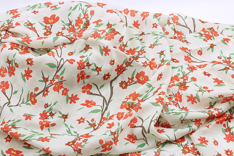 QINGSHUANG - Flowers Print Ramie Fabric - 140cm wide by the Yard