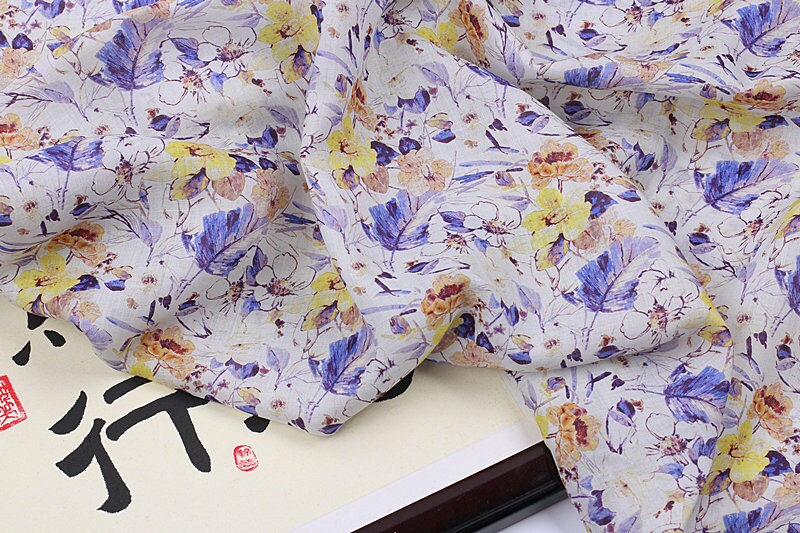 ZIKUI - Flowers Print Ramie Fabric - 140cm wide by the Yard
