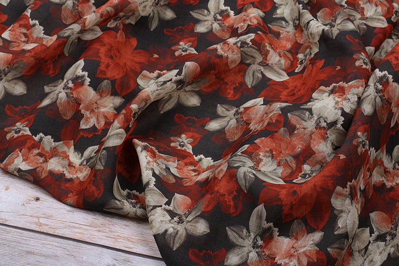 CHUHONG - Flowers Print Ramie Fabric - 140cm wide by the Yard