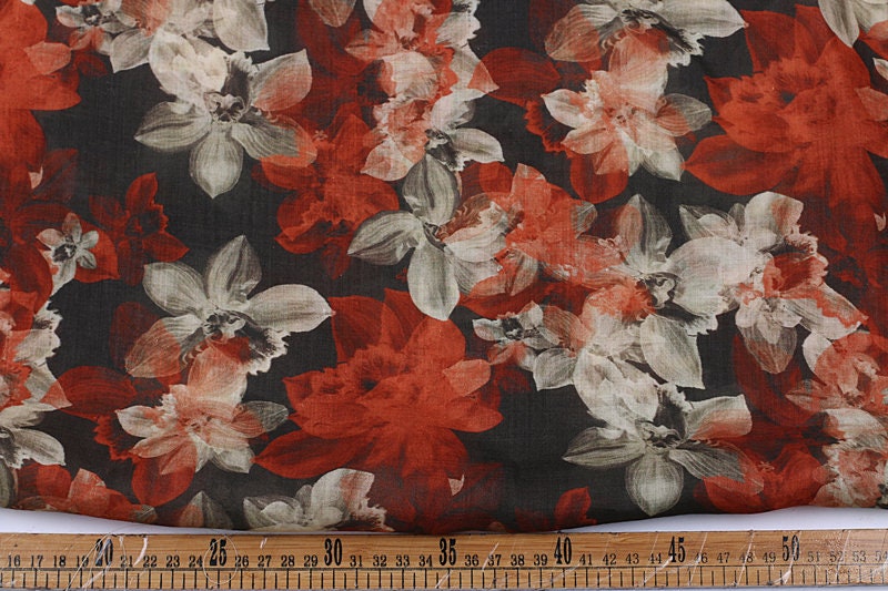 CHUHONG - Flowers Print Ramie Fabric - 140cm wide by the Yard