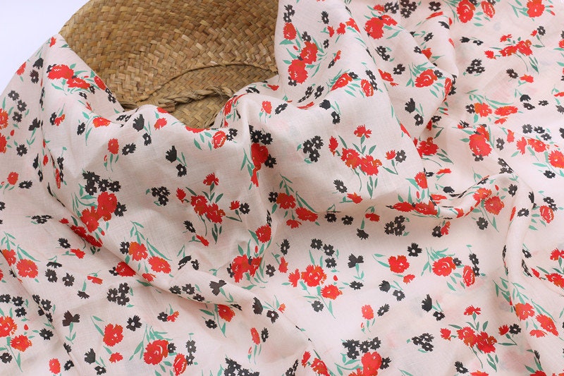 XIAOHONGHUA - Flowers Print Ramie Fabric - 140cm wide by the Yard