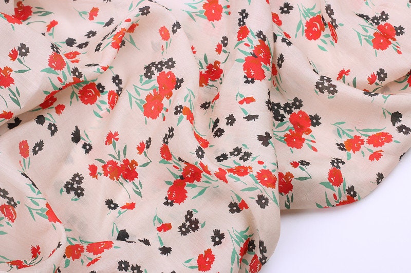 XIAOHONGHUA - Flowers Print Ramie Fabric - 140cm wide by the Yard