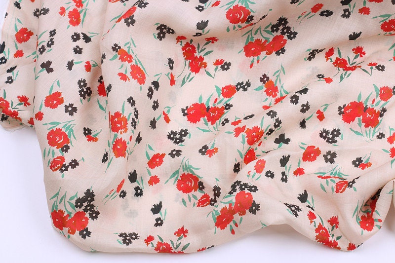 XIAOHONGHUA - Flowers Print Ramie Fabric - 140cm wide by the Yard