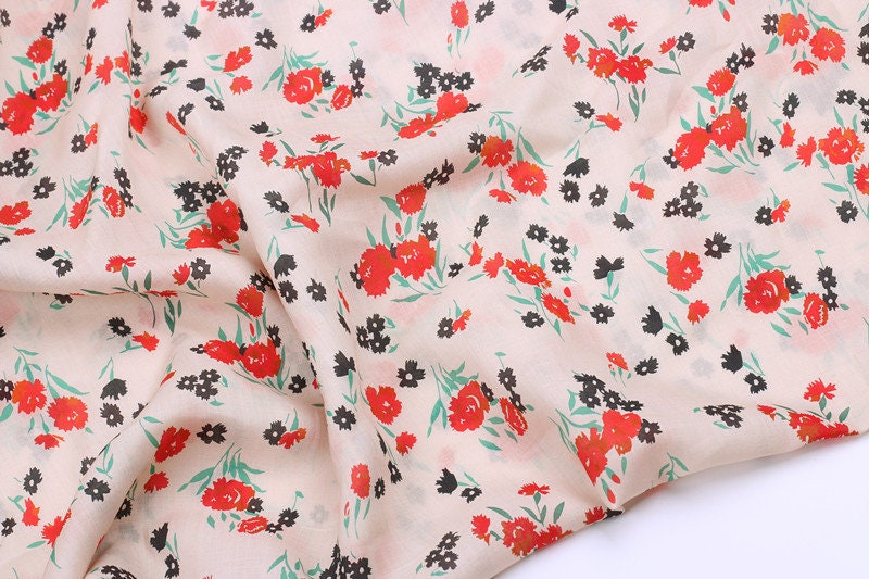 XIAOHONGHUA - Flowers Print Ramie Fabric - 140cm wide by the Yard