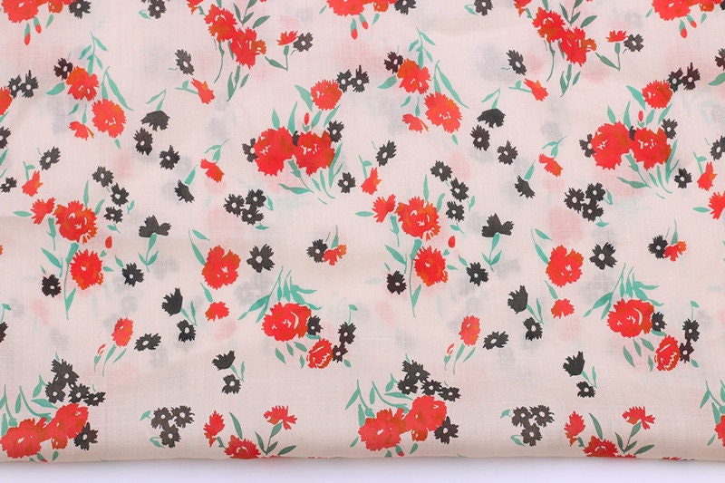 XIAOHONGHUA - Flowers Print Ramie Fabric - 140cm wide by the Yard