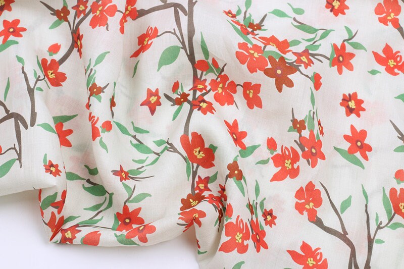 QINGSHUANG - Flowers Print Ramie Fabric - 140cm wide by the Yard