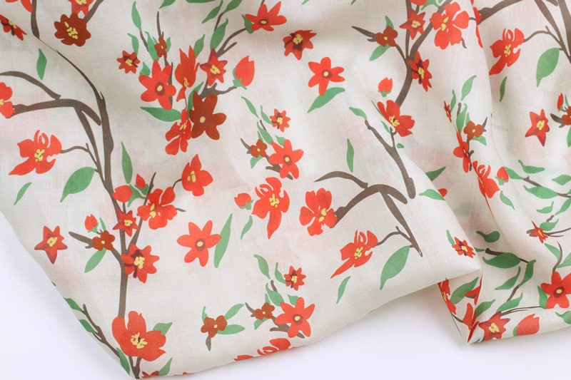 QINGSHUANG - Flowers Print Ramie Fabric - 140cm wide by the Yard