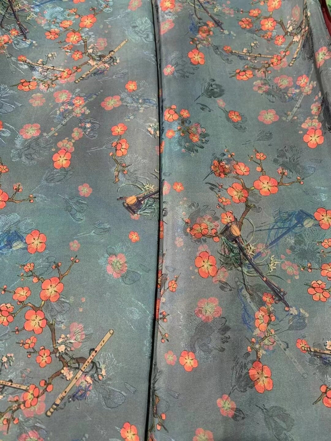 DUOKUAN - 26 Momme Floral Print on Pored Jacquard Handmade Mud Silk Satin Fabric - 110cm wide by the Yard