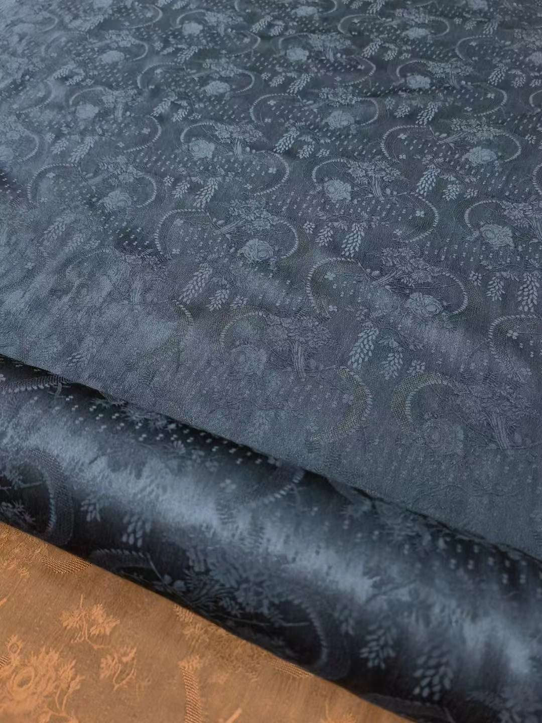 CHENGYUEYA - 26 Momme Handmade Plant Dye Mud Silk Satin Openwork Jacquard Fabric - 140cm wide by the Yard