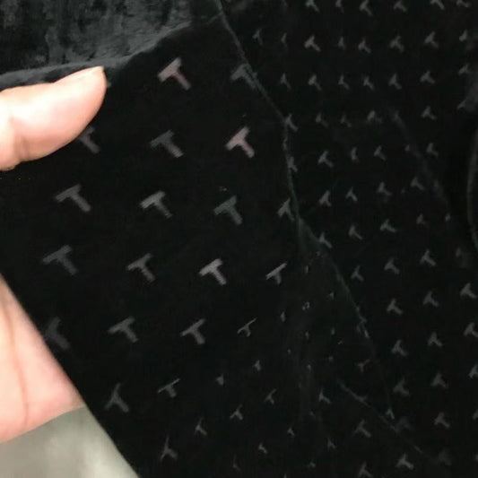 TZIWEN - Black Base with T-shaped Pattern and  Semi-sheer with a Draping Effect Sheer Burnout Silk Velvet Satin Fabric - 140cm wide by the Yard