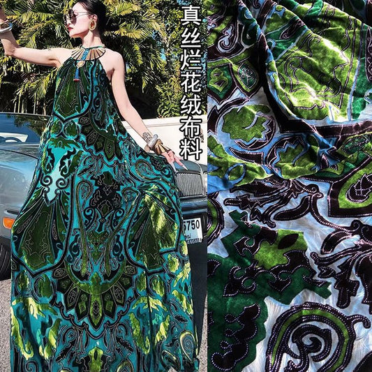 CQILVS - Soft Semi-sheer Green Paisley Printing Silk Velvet Fabric - 110cm wide by the Yard