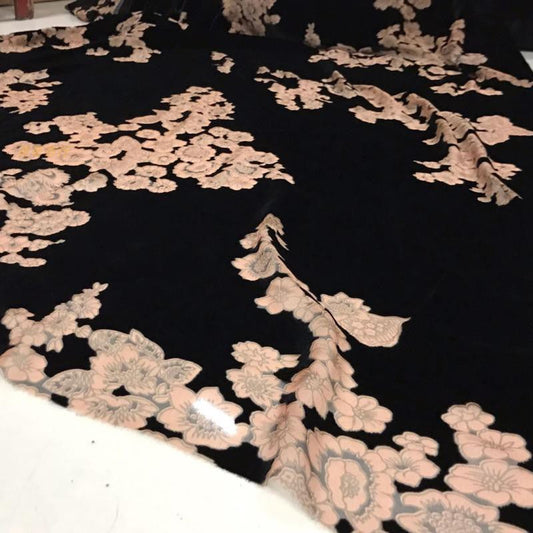 YELMEI - Flower Pattern on Black Background Semi-sheer with a Draping Effect  Burnout Silk Velvet Satin Fabric - 114cm wide by the Yard