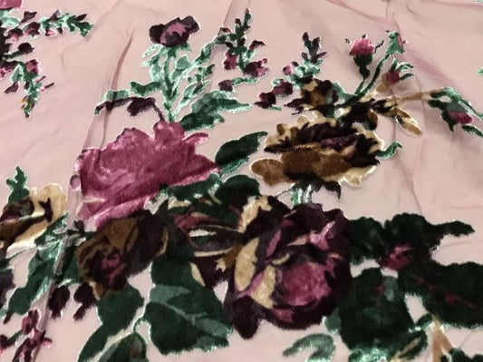 FENSME - Rose Flower Pattern on Pink Background  Semi-sheer with a Draping Effect  Burnout Silk Devore Satin Fabric - 114cm wide by the Yard