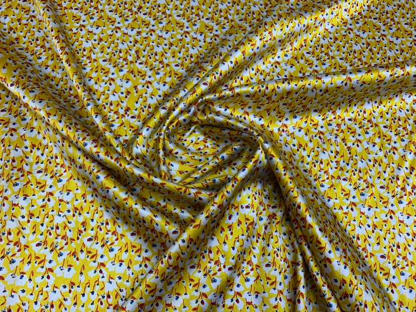 YELSUA - 19 Momme Yellow Background with Small Florals Pattern Digital Print Stretch Silk Satin Fabric - 135cm wide by the Yard