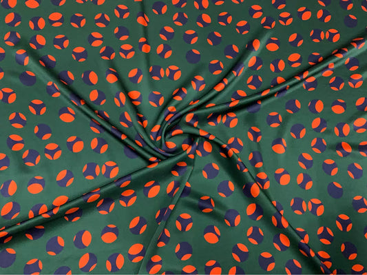 LVCAIO - 19 Momme Hepburn Style Green Background with Contrasting polka Dots Pattern Digital Print Stretch Silk Satin Fabric - 140cm wide by the Yard