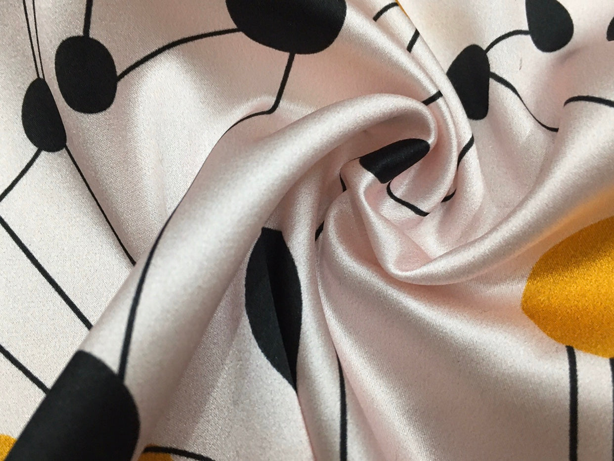 BADHEI - 19 Momme Irregular Lines of Black and Yellow Dots on White Background Pattern Digital Print Stretch Silk Satin Fabric - 108cm wide by the Yard