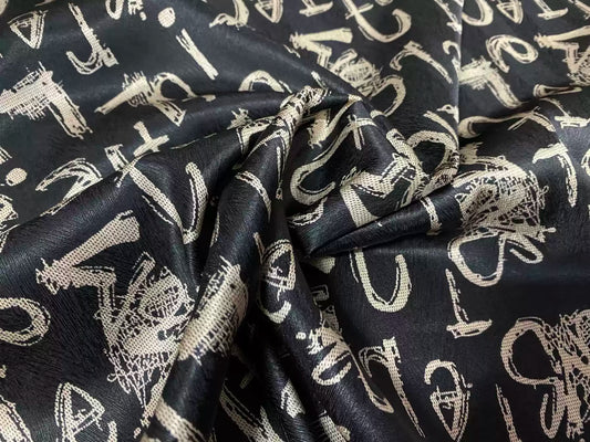 BLAZIM - 22 Momme Black Background Letters  Pattern Digital Print Stretch Silk Satin Fabric - 140cm wide by the Yard