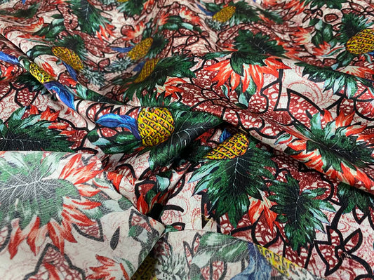 BOLUOY - 22 Momme Pineapple Romantic Floral Pattern Digital Print Stretch Silk Satin Fabric - 108cm wide by the Yard