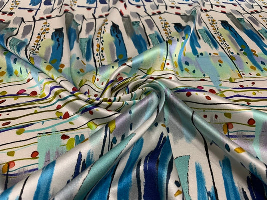 BOXIMI - 19 Momme Lines and Florals Pattern Digital Print Stretch Silk Satin Fabric - 140cm wide by the Yard