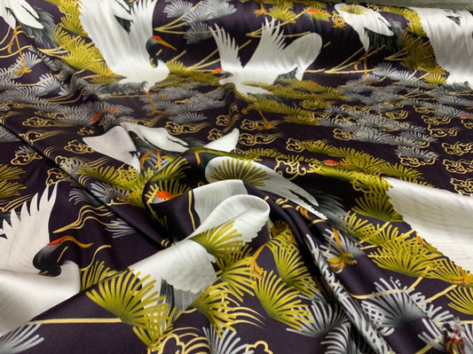 CHFENX - 19 Momme Beautiful Crane Pattern Digital Print Stretch Silk Satin Fabric - 140cm wide by the Yard