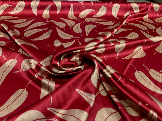CHYEZX - 19 Momme Wine Red Background Leaves Pattern Digital Print Stretch Silk Satin Fabric - 140cm wide by the Yard
