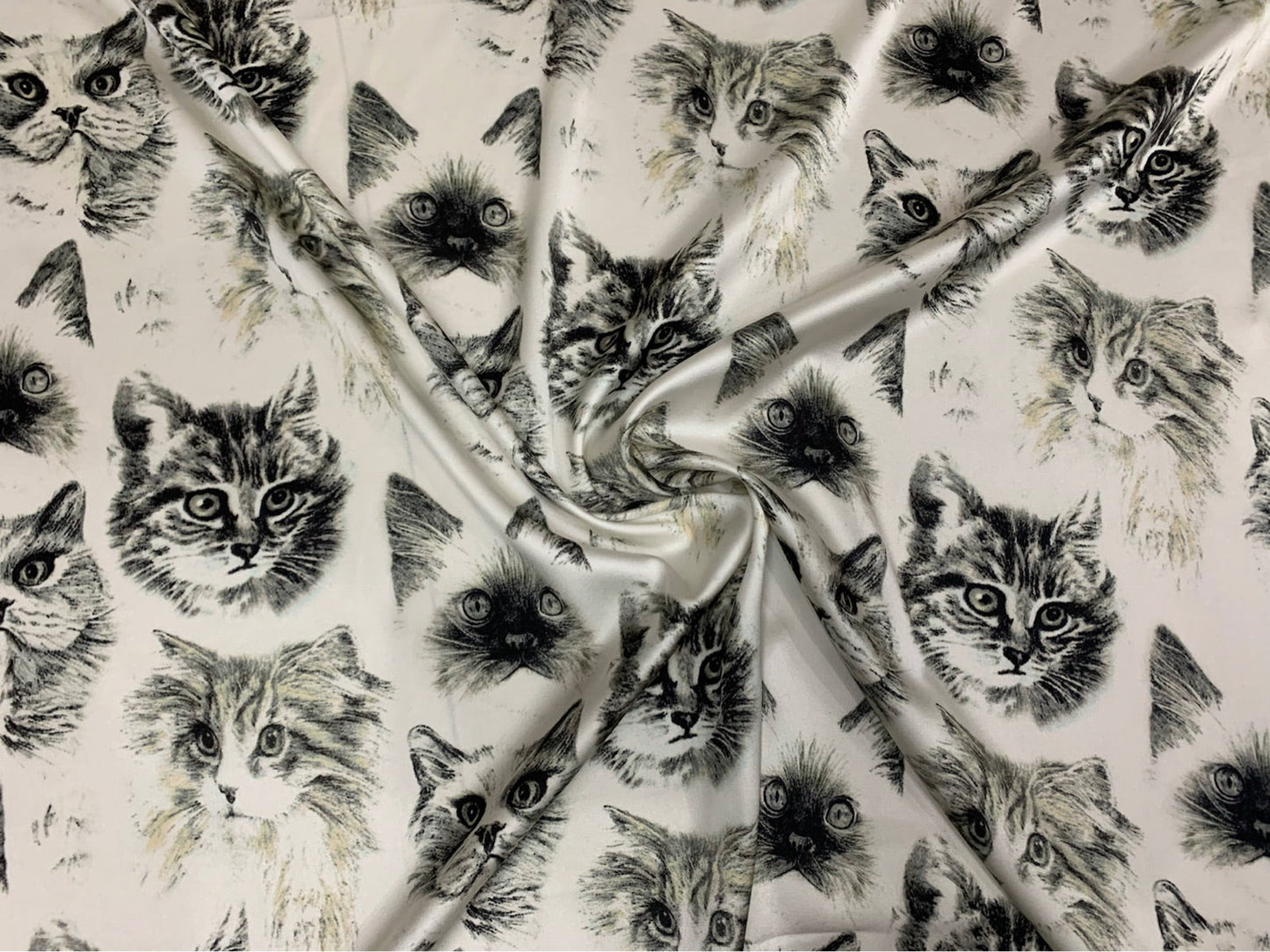 CUTMAO - 19 Momme Elegant and Cool cat Portrait on White background Pattern Digital Print Stretch Silk Satin Fabric - 108cm wide by the Yard