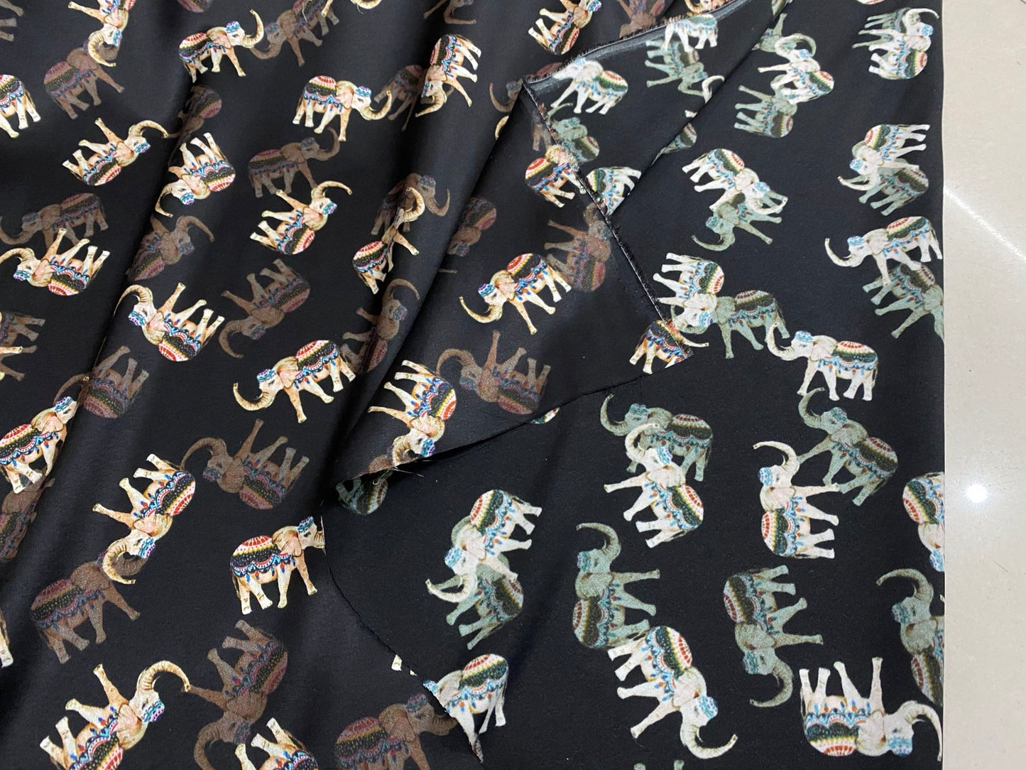 DAELEP - 19 Momme Elephant Pattern Digital Print Stretch Silk Satin Fabric - 140cm wide by the Yard