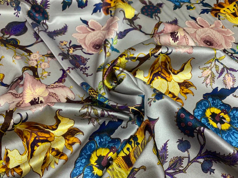 DALAFO - 19 Momme Flowers Pattern Digital Print Stretch Silk Satin Fabric - 108cm wide by the Yard
