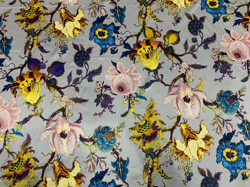 DALAFO - 19 Momme Flowers Pattern Digital Print Stretch Silk Satin Fabric - 108cm wide by the Yard