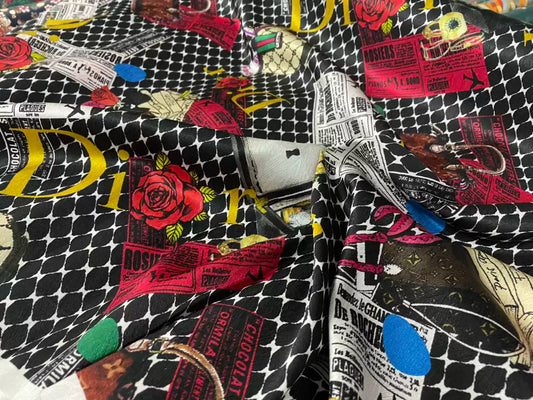 DIORHO - 19 Momme Retro Style Red letter D Pattern Digital Print Stretch Silk Satin Fabric - 108cm wide by the Yard