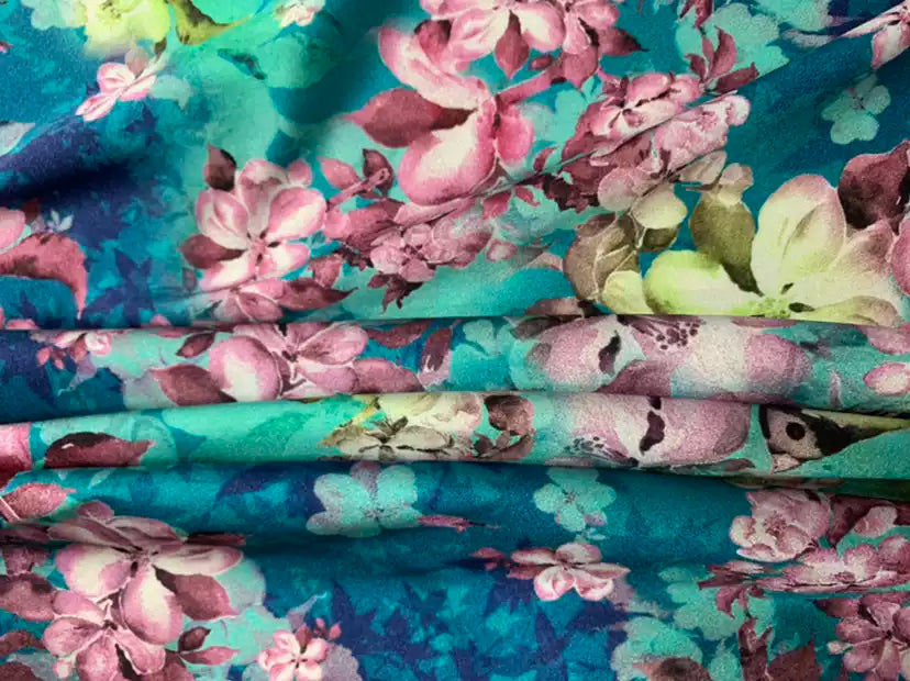 FASRMH - 19 Momme Romantic Floral Pattern Digital Print Stretch Silk Satin Fabric - 108cm wide by the Yard