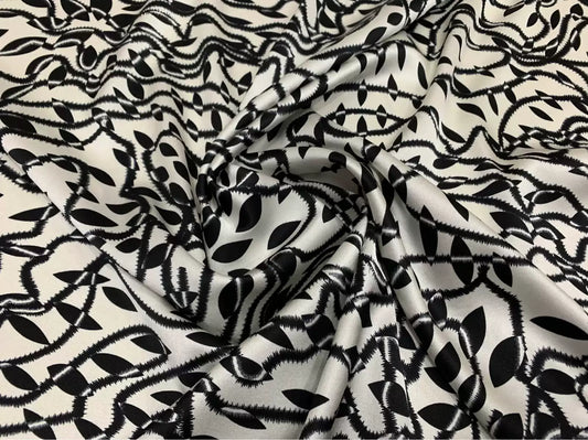HBATEN - 19 Momme Black and White Rattan Pattern Digital Print Stretch Silk Satin Fabric - 108cm wide by the Yard