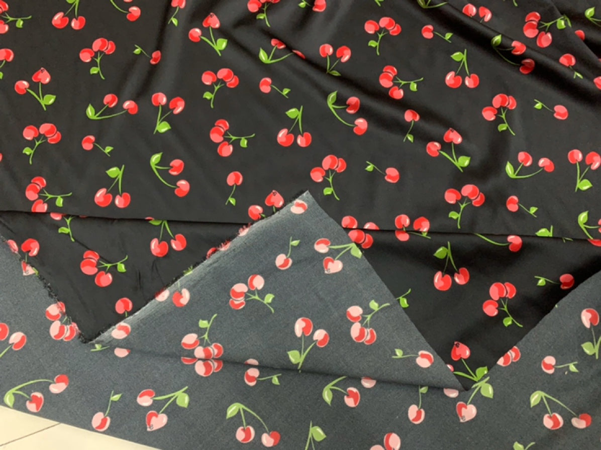 HEDYIT - 19 Momme Cute Cherry on Black Background Pattern Digital Print Stretch Silk Satin Fabric - 140cm wide by the Yard