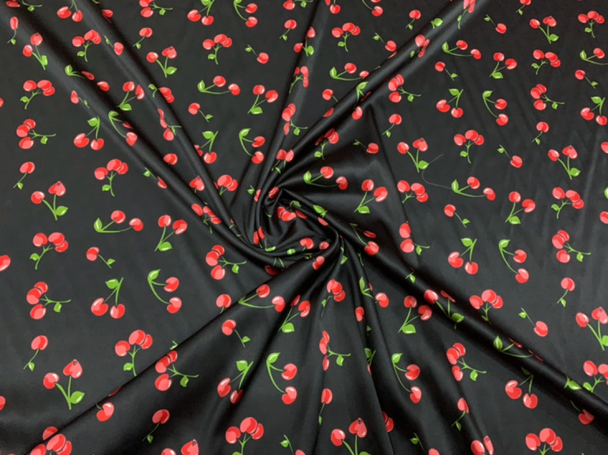 HEDYIT - 19 Momme Cute Cherry on Black Background Pattern Digital Print Stretch Silk Satin Fabric - 140cm wide by the Yard