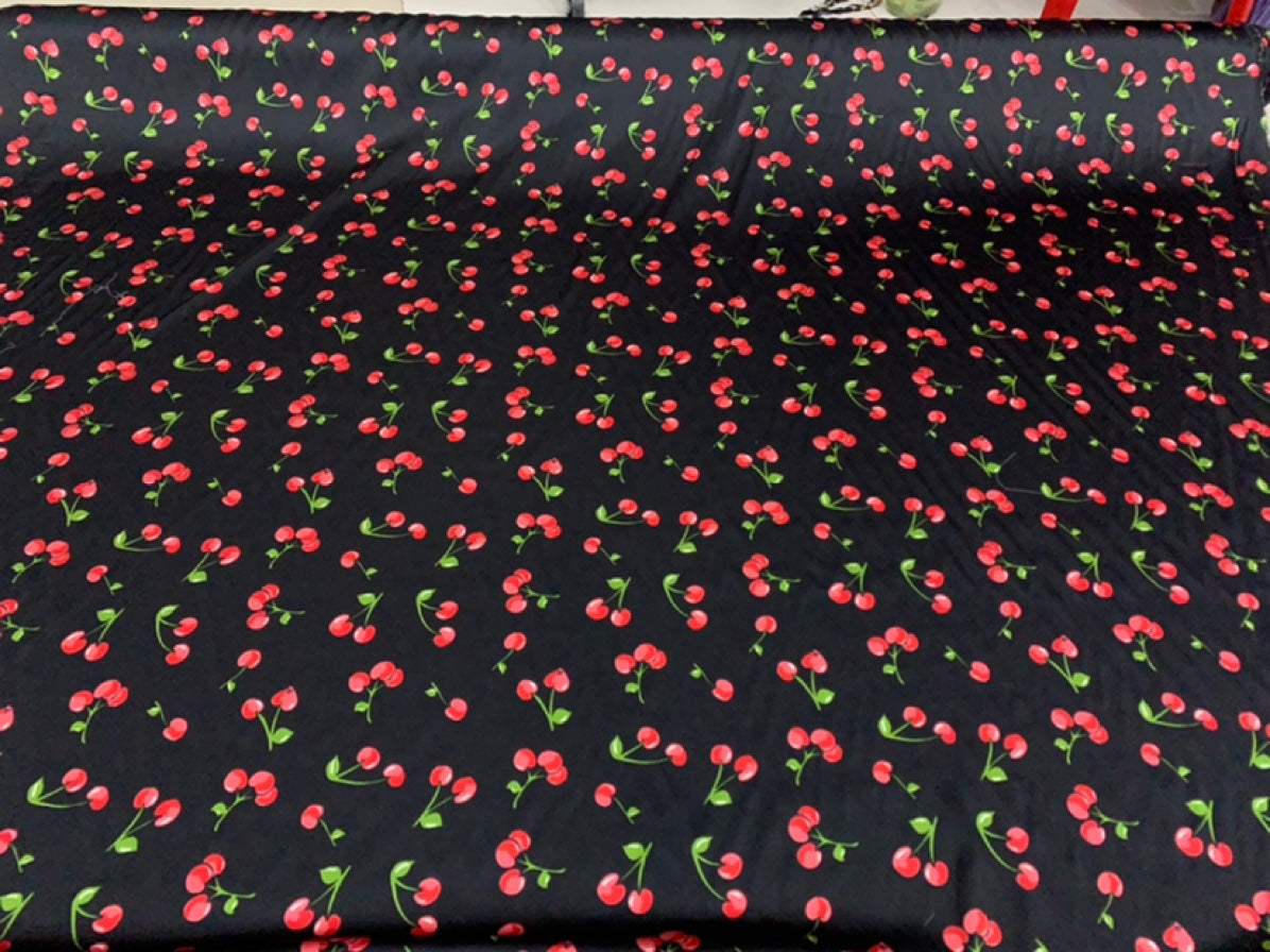HEDYIT - 19 Momme Cute Cherry on Black Background Pattern Digital Print Stretch Silk Satin Fabric - 140cm wide by the Yard