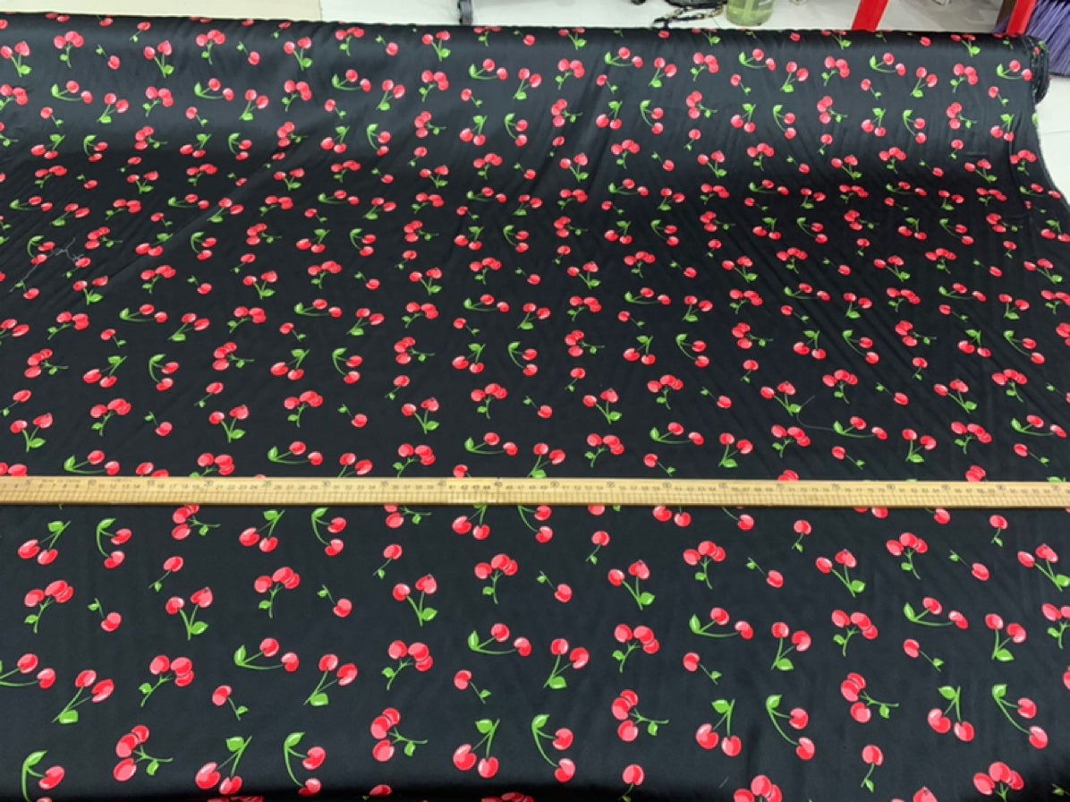 HEDYIT - 19 Momme Cute Cherry on Black Background Pattern Digital Print Stretch Silk Satin Fabric - 140cm wide by the Yard