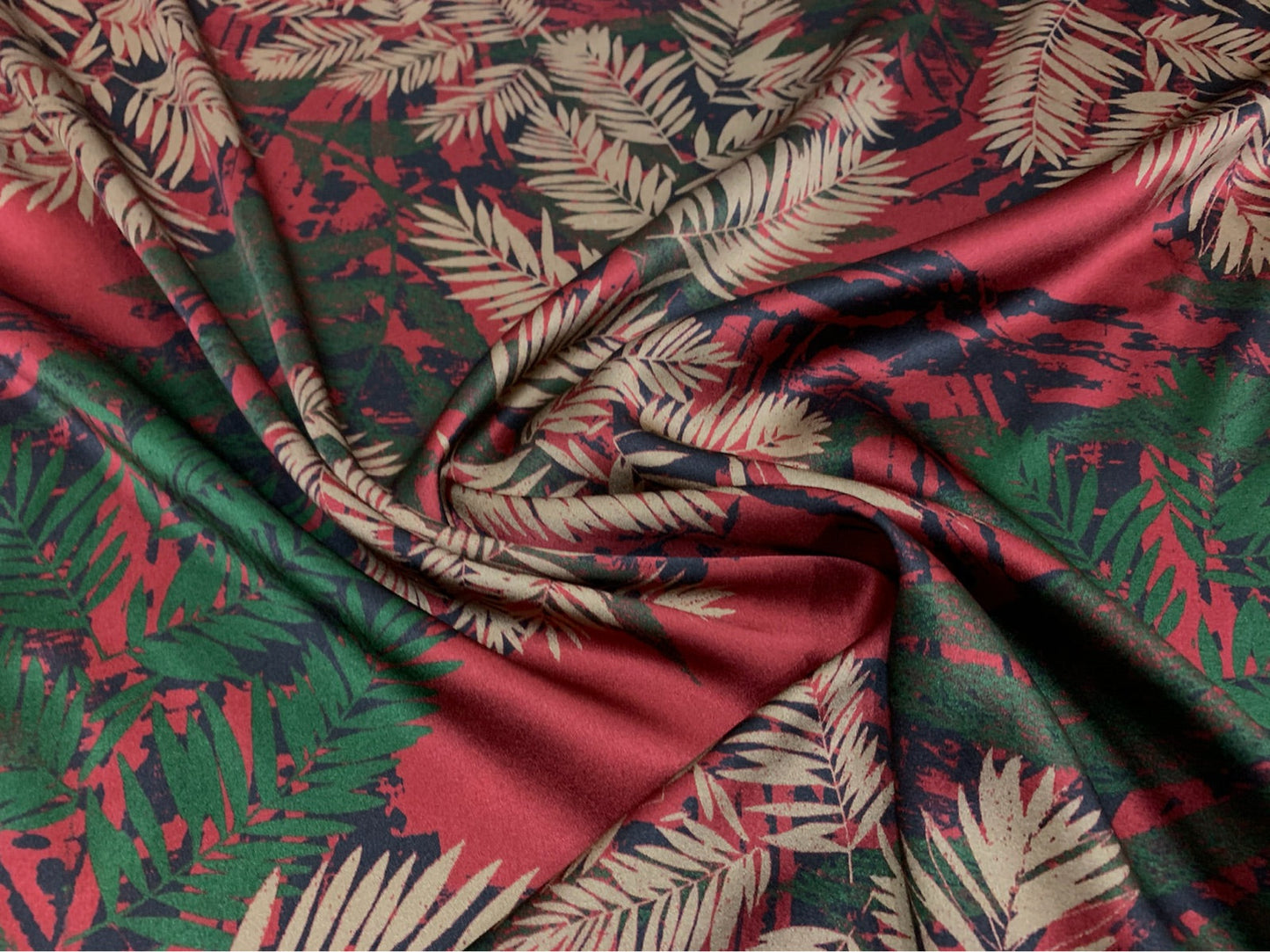 HONDIL - 19 Momme Red Background with Contrasting Leaves Pattern Digital Print Stretch Silk Satin Fabric - 108cm wide by the Yard