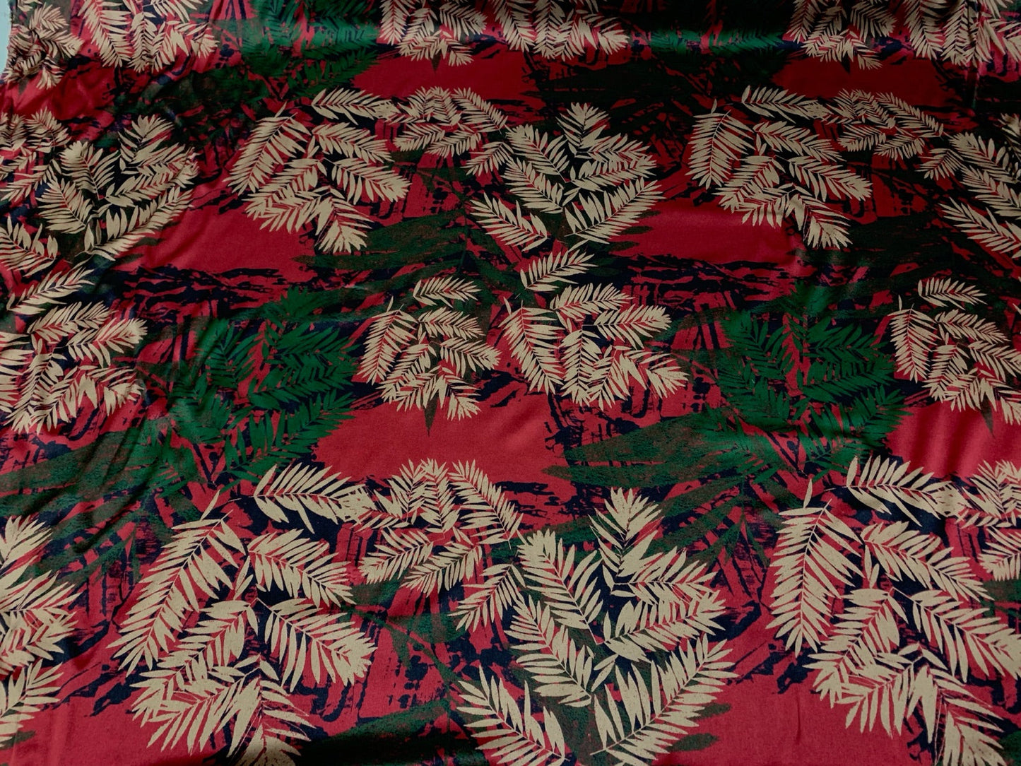 HONDIL - 19 Momme Red Background with Contrasting Leaves Pattern Digital Print Stretch Silk Satin Fabric - 108cm wide by the Yard