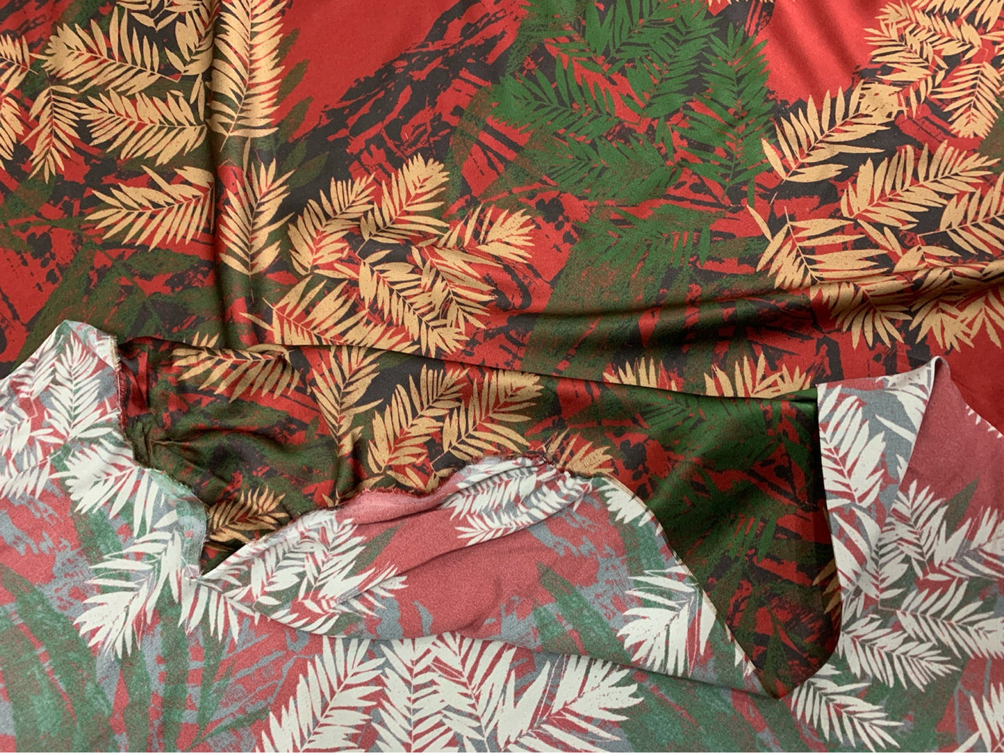 HONDIL - 19 Momme Red Background with Contrasting Leaves Pattern Digital Print Stretch Silk Satin Fabric - 108cm wide by the Yard