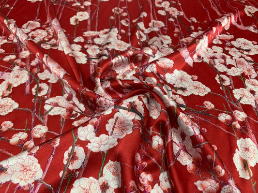 HONDME - 19 Momme Plum Blossoms on Branches Pattern Digital Print Stretch Silk Satin Fabric - 108cm wide by the Yard