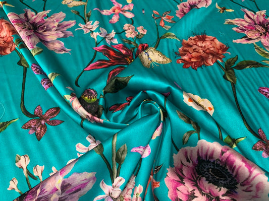 HULANB - 19 Momme Lake Blue Background Flowers Pattern Digital Print Stretch Silk Satin Fabric - 108cm wide by the Yard