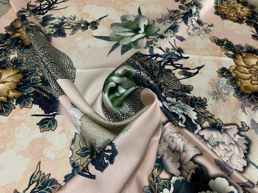 JINMUD - 19 Momme Elegant Flowers  Pattern Digital Print Stretch Silk Satin Fabric - 140cm wide by the Yard