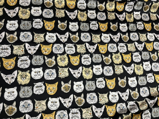 JUMAOL - 19 Momme Cool Cat Face Pattern Digital Print Sangbo Stretch Silk Satin Fabric - 140cm wide by the Yard